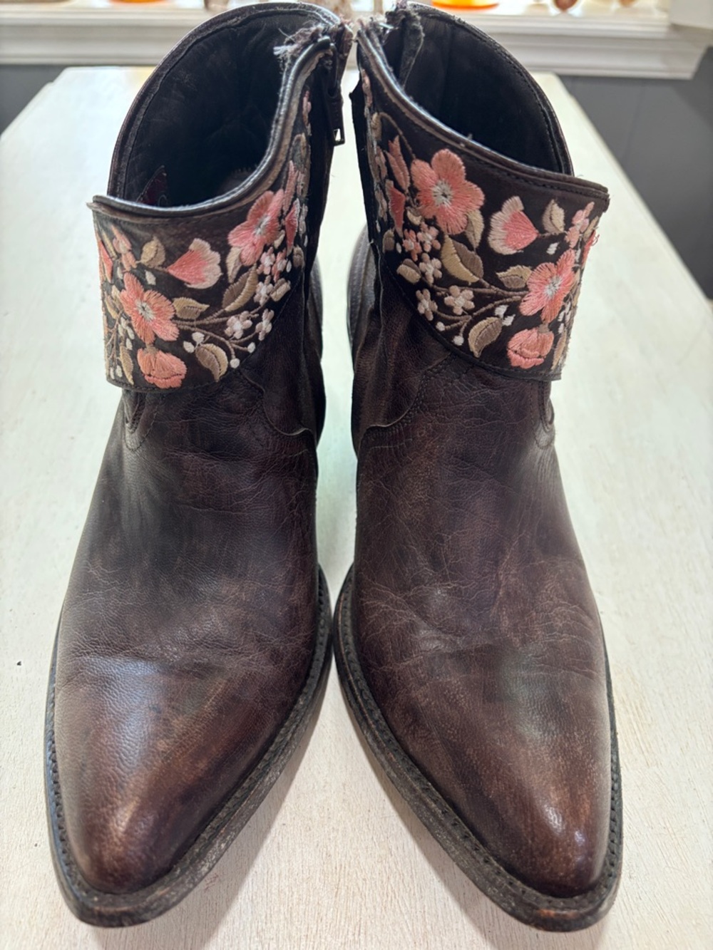 Old Gringo Brown Leather Sora Ankle Boots with Pink Floral Embroidery